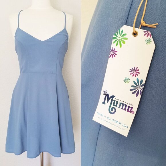 NEW Show Me Your Mumu Victoria Mini Dress Crisscross Laced Up Back Blue M $140 - Picture 5 of 13